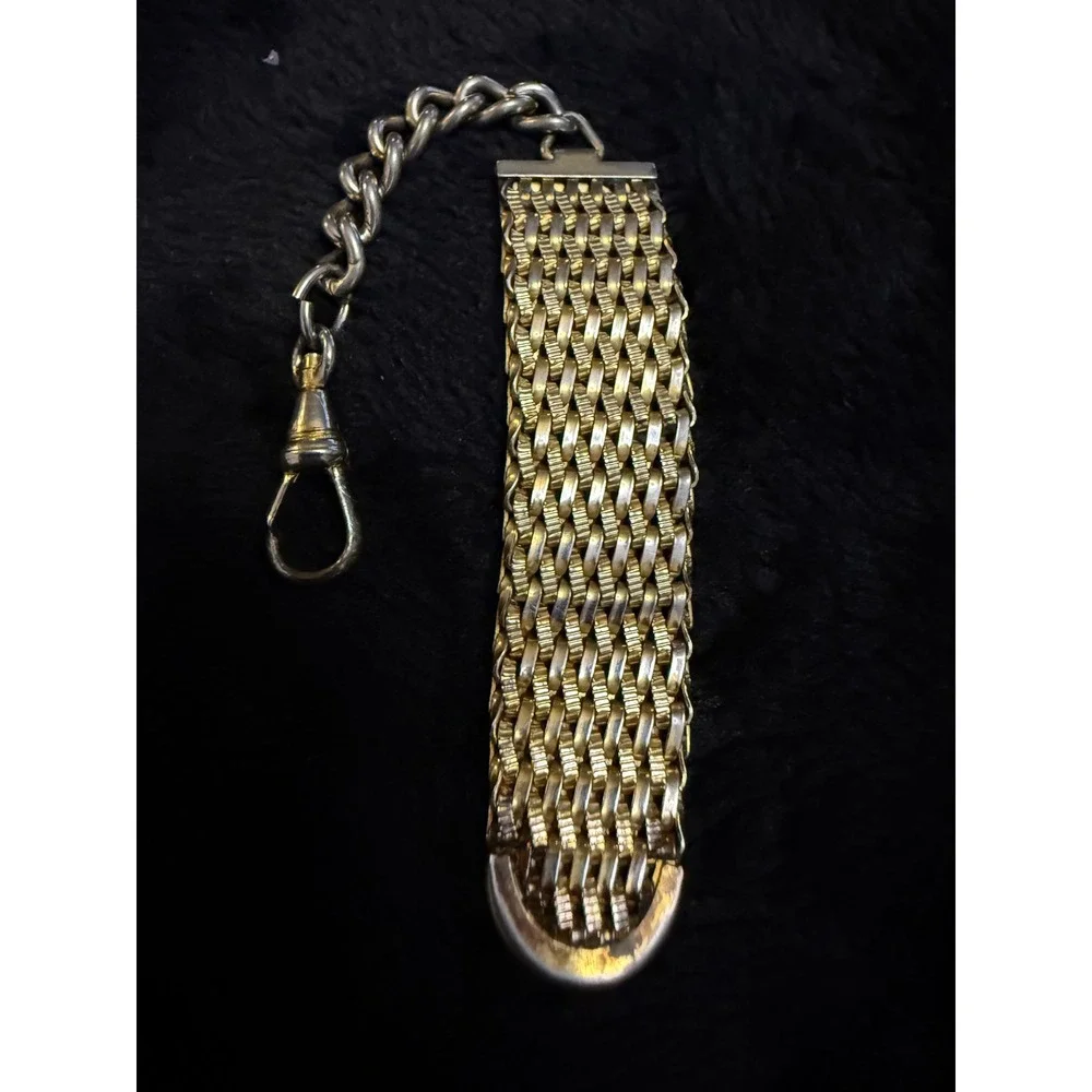 Vintage Two Tone Mesh Pocket Watch Fob Chain Mixed Metal Swivel Dog Clip